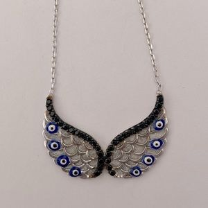 925 Silver angel wings necklace evil eye black cz